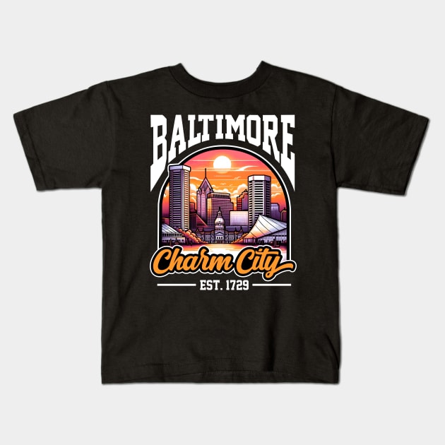 Baltimore Charm City Skyline Kids T-Shirt by DetourShirts